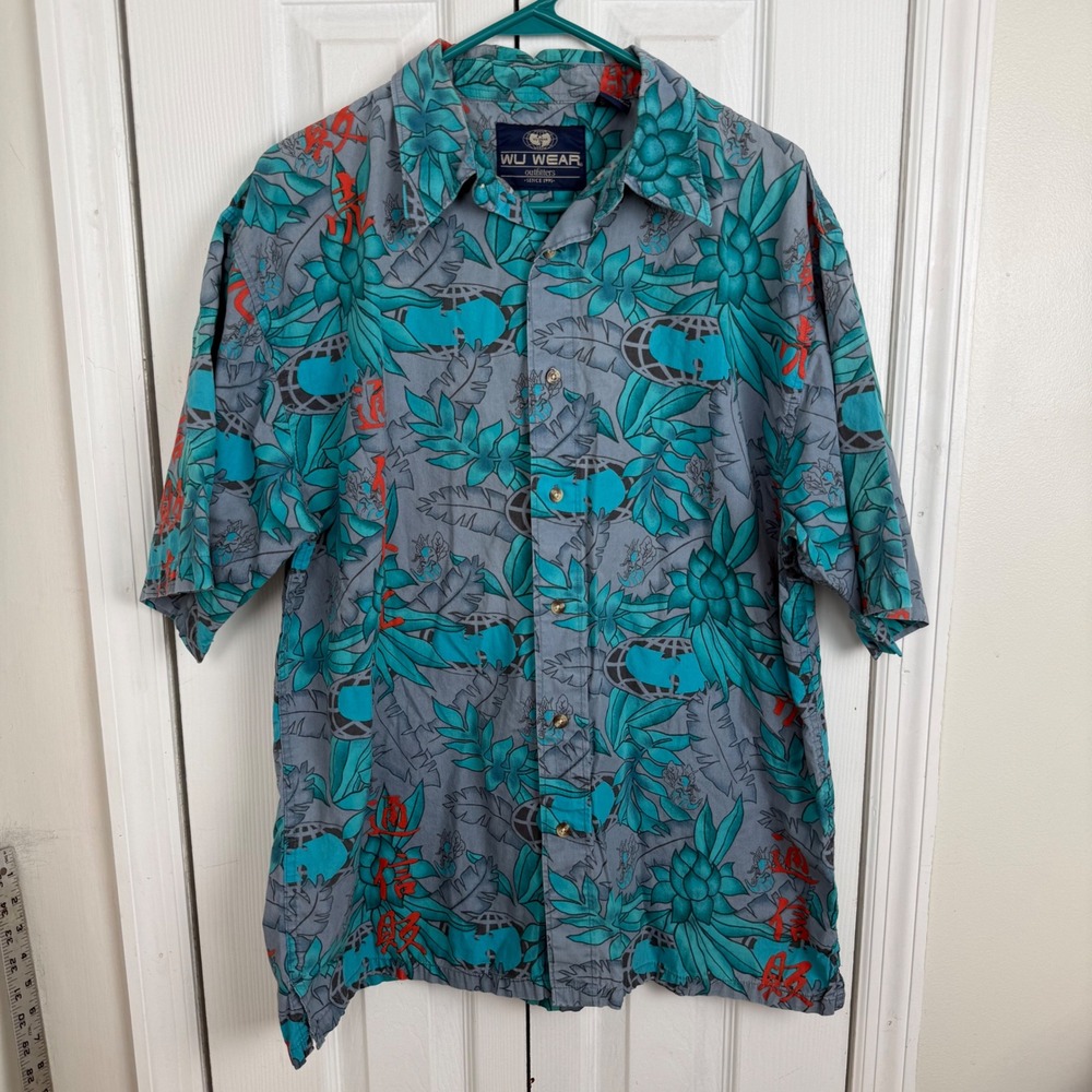 Wu Wear Button Down Shirt Large Grey Teal Wu-Tang Clan 90s Hip Hop Streetwear
